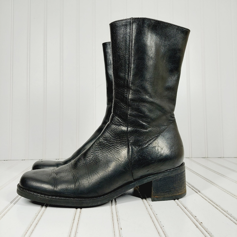 Walking Cradles Latex Black Leather Side Zip Block Heel Mid Calf Ankle Boot F583